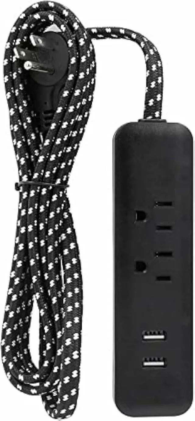 Main image of Clear Power 6 ft 2 Outlet + USB Charger Designer Fabric Indoor Flat Plug Extension Cord 16/3 SPT-2, 3 Prong Grounded Plug (Black), CP10054