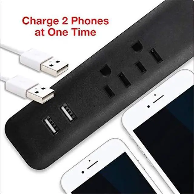Alt view image 5 of 6 - Clear Power 6 ft 2 Outlet + USB Charger Designer Fabric Indoor Flat Plug Extension Cord 16/3 SPT-2, 3 Prong Grounded Plug (Black), CP10054