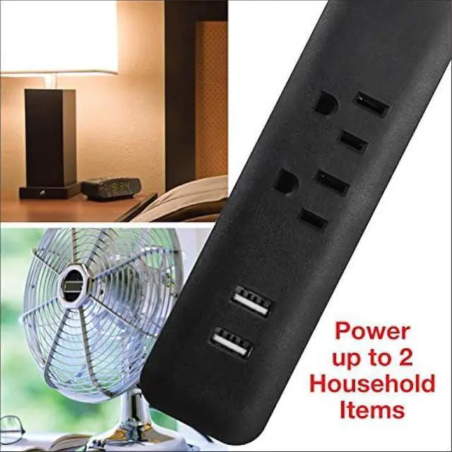 Alt view image 4 of 6 - Clear Power 6 ft 2 Outlet + USB Charger Designer Fabric Indoor Flat Plug Extension Cord 16/3 SPT-2, 3 Prong Grounded Plug (Black), CP10054