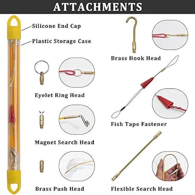 Alt view image 3 of 6 - KOOTANS 11 ft Fiberglass Wire Running Kit Wall Cable Wire Fishing Rod Pull Push Tool Electrical Fish Tape Set with 6 Different Accessories