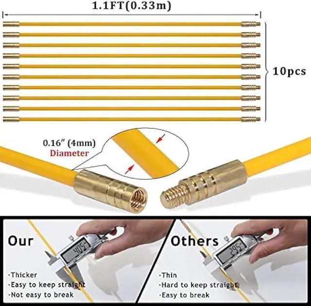 Alt view image 4 of 6 - KOOTANS 11 ft Fiberglass Wire Running Kit Wall Cable Wire Fishing Rod Pull Push Tool Electrical Fish Tape Set with 6 Different Accessories