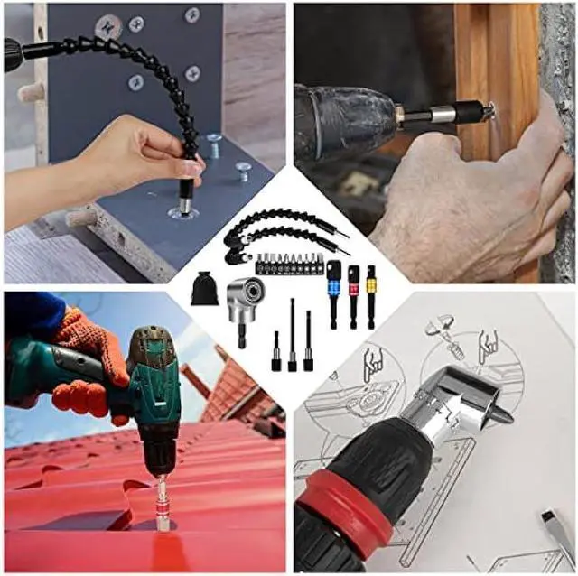 Alt view image 7 of 7 - Flexible Drill Bit Extension Set 19pcs, Hex Shank 105°Right Angle Drill Bit Attachment, 3pcs Drill Bit Holder Extension, 1/4 3/8 1/2 Universal Socket Adapter, Screwdriver Bit Kit