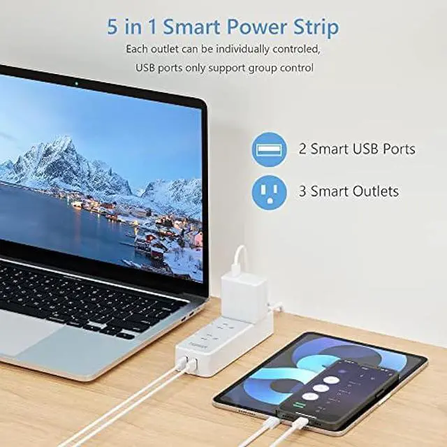Alt view image 2 of 6 - Smart Power Strip Surge Protector 900J, TESSAN WiFi Extension Cord with 3 Individually Remote Controlled Outlets Socket 2 USB, Wall Mountable Timer Smart Plug Compatible with Alexa& Google Home