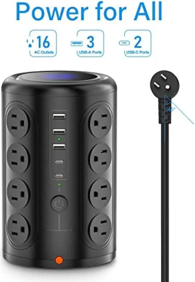 Alt view image 2 of 6 - Power Strip Tower with 16 Outlets and 5 USB Ports (2 USB-C), TenTrend 1875W 2000J Surge Protector with 6 FT Extention Cord, Multi Outlet Tower for Home Office Desk, Dorm Room Essentials