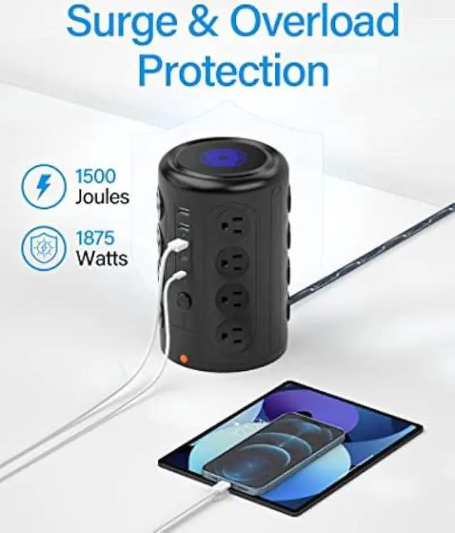 Alt view image 3 of 6 - Power Strip Tower with 16 Outlets and 5 USB Ports (2 USB-C), TenTrend 1875W 2000J Surge Protector with 6 FT Extention Cord, Multi Outlet Tower for Home Office Desk, Dorm Room Essentials