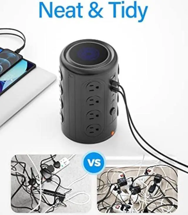 Alt view image 5 of 6 - Power Strip Tower with 16 Outlets and 5 USB Ports (2 USB-C), TenTrend 1875W 2000J Surge Protector with 6 FT Extention Cord, Multi Outlet Tower for Home Office Desk, Dorm Room Essentials