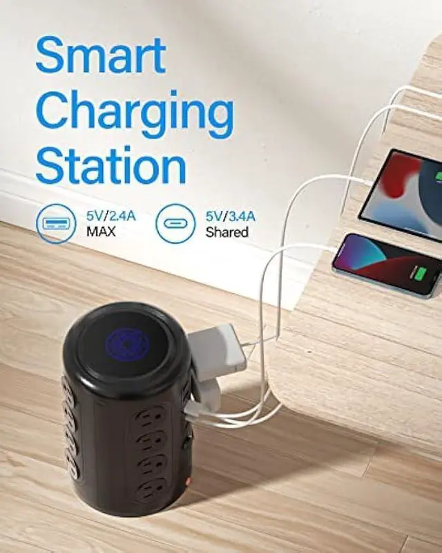 Alt view image 4 of 6 - Power Strip Tower with 16 Outlets and 5 USB Ports (2 USB-C), TenTrend 1875W 2000J Surge Protector with 6 FT Extention Cord, Multi Outlet Tower for Home Office Desk, Dorm Room Essentials