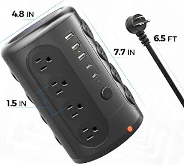 Alt view image 6 of 6 - Power Strip Tower with 16 Outlets and 5 USB Ports (2 USB-C), TenTrend 1875W 2000J Surge Protector with 6 FT Extention Cord, Multi Outlet Tower for Home Office Desk, Dorm Room Essentials