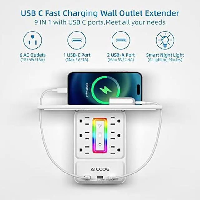 Alt view image 2 of 6 - Socket Outlet Shelf AICODE Surge Protector with 6 Nightlight Wall Outlet Extender 6 Outlet with 3 USB Ports(1 USB C) Wall Plug Expander Charging Shelf for Home Dorm Kicthen