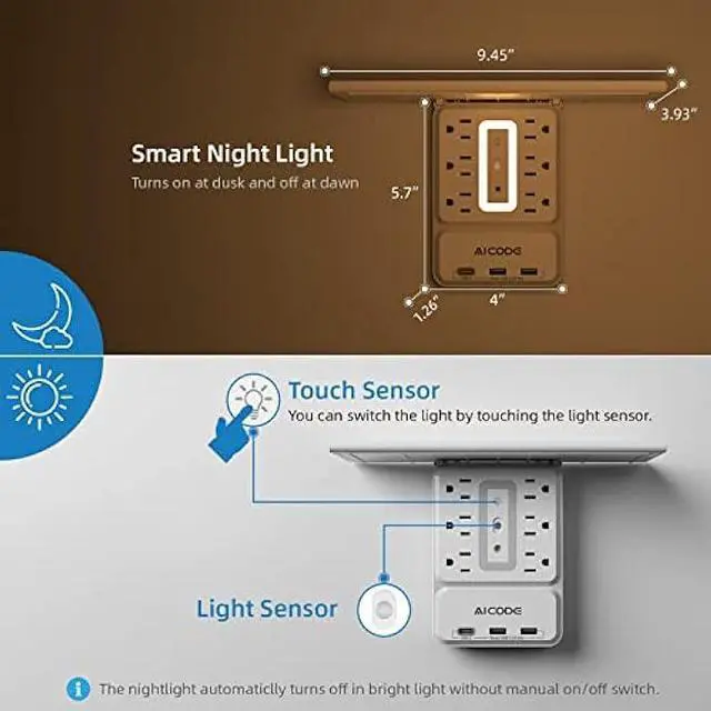Alt view image 3 of 6 - Socket Outlet Shelf AICODE Surge Protector with 6 Nightlight Wall Outlet Extender 6 Outlet with 3 USB Ports(1 USB C) Wall Plug Expander Charging Shelf for Home Dorm Kicthen