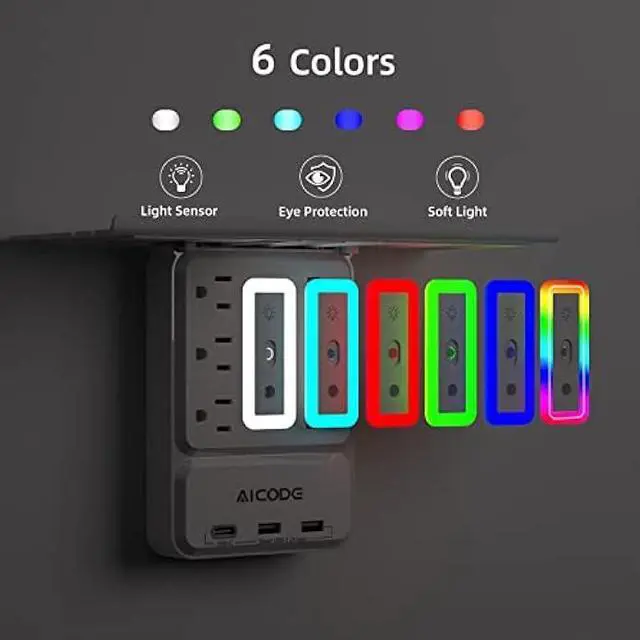 Alt view image 4 of 6 - Socket Outlet Shelf AICODE Surge Protector with 6 Nightlight Wall Outlet Extender 6 Outlet with 3 USB Ports(1 USB C) Wall Plug Expander Charging Shelf for Home Dorm Kicthen