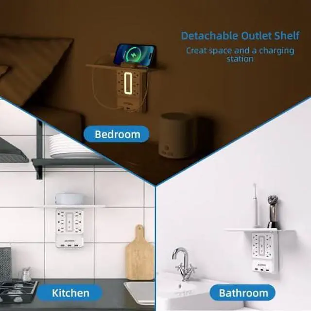 Alt view image 5 of 6 - Socket Outlet Shelf AICODE Surge Protector with 6 Nightlight Wall Outlet Extender 6 Outlet with 3 USB Ports(1 USB C) Wall Plug Expander Charging Shelf for Home Dorm Kicthen