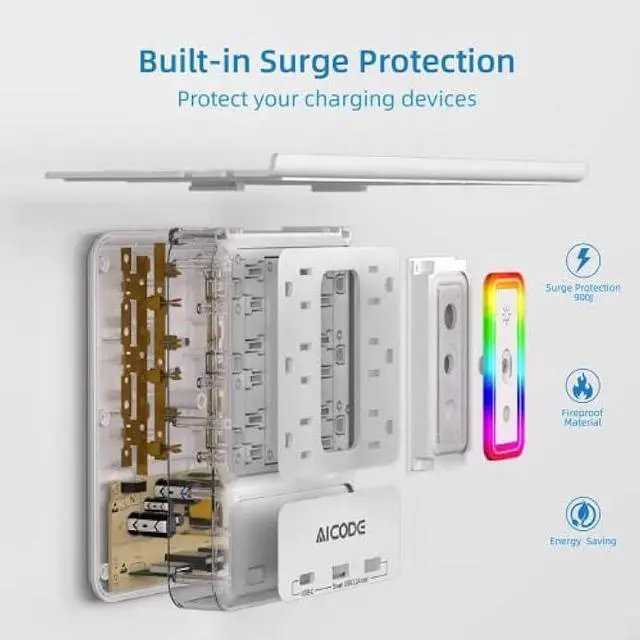 Alt view image 6 of 6 - Socket Outlet Shelf AICODE Surge Protector with 6 Nightlight Wall Outlet Extender 6 Outlet with 3 USB Ports(1 USB C) Wall Plug Expander Charging Shelf for Home Dorm Kicthen