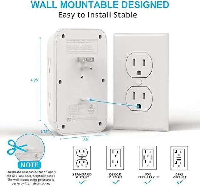 Alt view image 4 of 6 - USB Wall Charger, Surge Protector, 6 Outlet Extender with 3 USB Charging Ports (1 USB C, 3.4A) 900J Power Strip Multi Plug Outlets, Wall Mount Power Strip for Home Travel Office ETL Listed