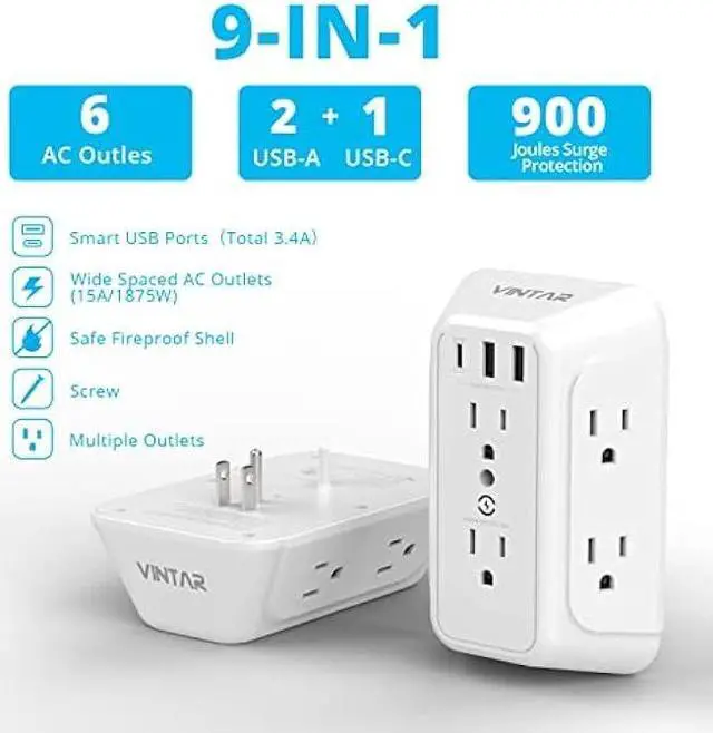 Alt view image 2 of 6 - USB Wall Charger, Surge Protector, 6 Outlet Extender with 3 USB Charging Ports (1 USB C, 3.4A) 900J Power Strip Multi Plug Outlets, Wall Mount Power Strip for Home Travel Office ETL Listed