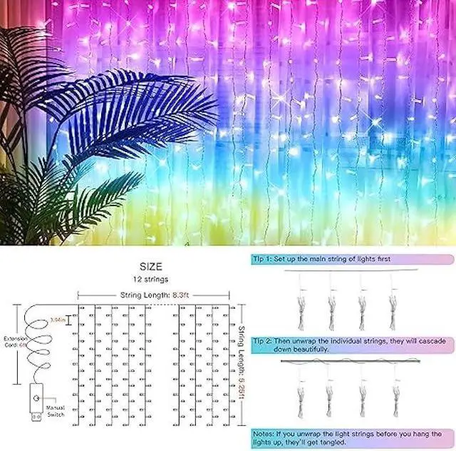 Alt view image 5 of 6 - suddus Curtain Lights for Bedroom, 192 Led 8.3ft x 5.25ft Hanging String Lights Outdoor, Fairy Curtain Lights for Backdrop, Window, Wall, Wedding, Party, Garden, Porch, Birthday Decor Multicolor