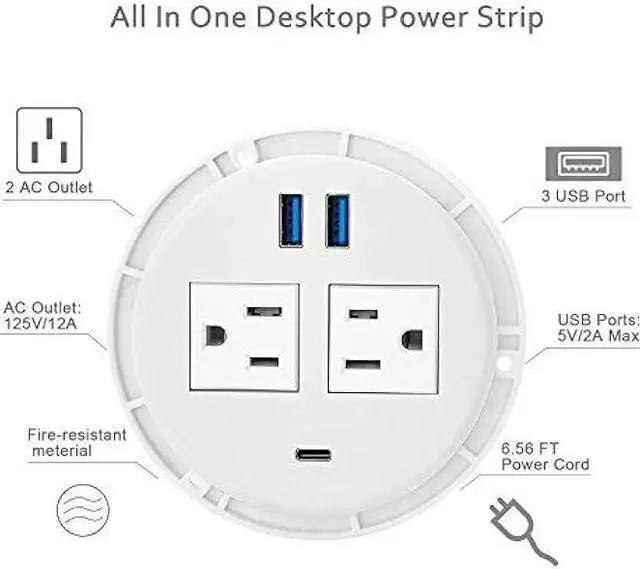Alt view image 2 of 5 - Kungfuking Desktop Power Grommet with PD 20W USB C,Recessed Power Strip with USB Port, Desk Outlet Socket with USB C,2 AC Outlets and 3 USB Charging Port 6.56 FT Extension Cord