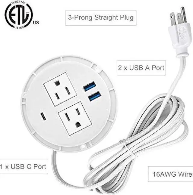 Alt view image 3 of 5 - Kungfuking Desktop Power Grommet with PD 20W USB C,Recessed Power Strip with USB Port, Desk Outlet Socket with USB C,2 AC Outlets and 3 USB Charging Port 6.56 FT Extension Cord