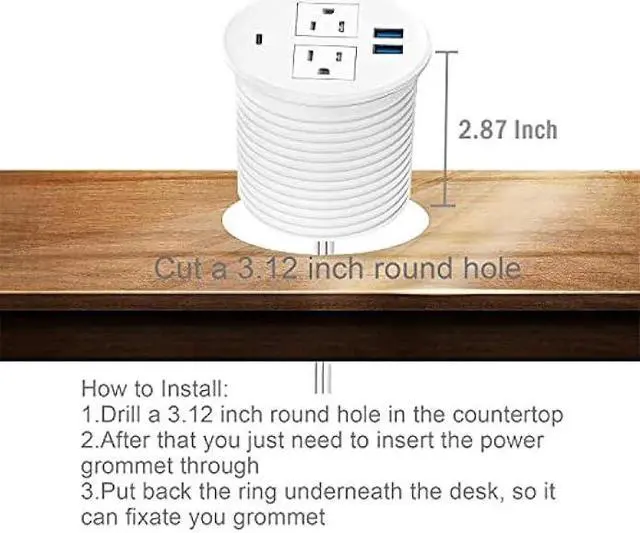 Alt view image 4 of 5 - Kungfuking Desktop Power Grommet with PD 20W USB C,Recessed Power Strip with USB Port, Desk Outlet Socket with USB C,2 AC Outlets and 3 USB Charging Port 6.56 FT Extension Cord