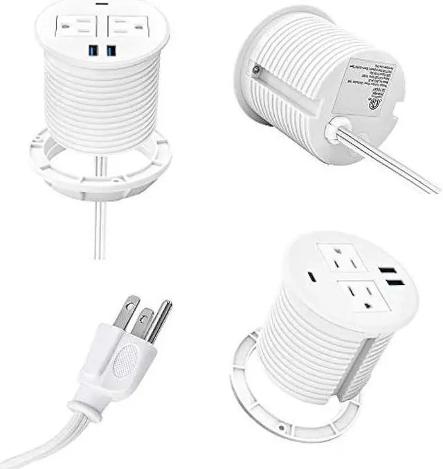 Alt view image 5 of 5 - Kungfuking Desktop Power Grommet with PD 20W USB C,Recessed Power Strip with USB Port, Desk Outlet Socket with USB C,2 AC Outlets and 3 USB Charging Port 6.56 FT Extension Cord
