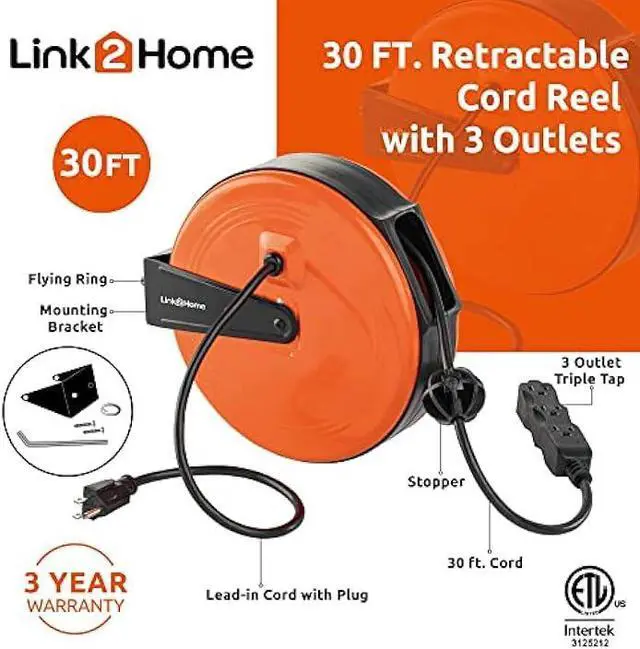 Alt view image 2 of 7 - Link2Home 30 Ft Retractable Extension Cord Reel, Ceiling or Wall Mount 16/3 Gauge Power Cord with 3 Electrical Outlets for Garage or workshop, Circuit Breaker, Metal Plate, and Hardware Included