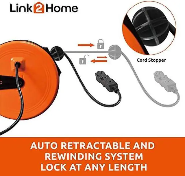 Alt view image 3 of 7 - Link2Home 30 Ft Retractable Extension Cord Reel, Ceiling or Wall Mount 16/3 Gauge Power Cord with 3 Electrical Outlets for Garage or workshop, Circuit Breaker, Metal Plate, and Hardware Included