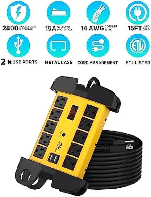 Alt view image 2 of 5 - CRST 10-Outlet Heavy Duty Power Strip with 2 USB Ports,2800J Surge Protector Power Strip with 15ft Cord, Cord Management, EMI/RFI Filtering, ETL Listed(15A/1875W)