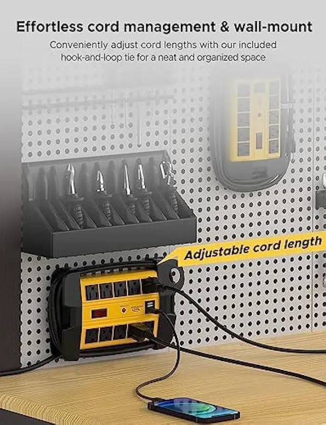 Alt view image 4 of 5 - CRST 10-Outlet Heavy Duty Power Strip with 2 USB Ports,2800J Surge Protector Power Strip with 15ft Cord, Cord Management, EMI/RFI Filtering, ETL Listed(15A/1875W)