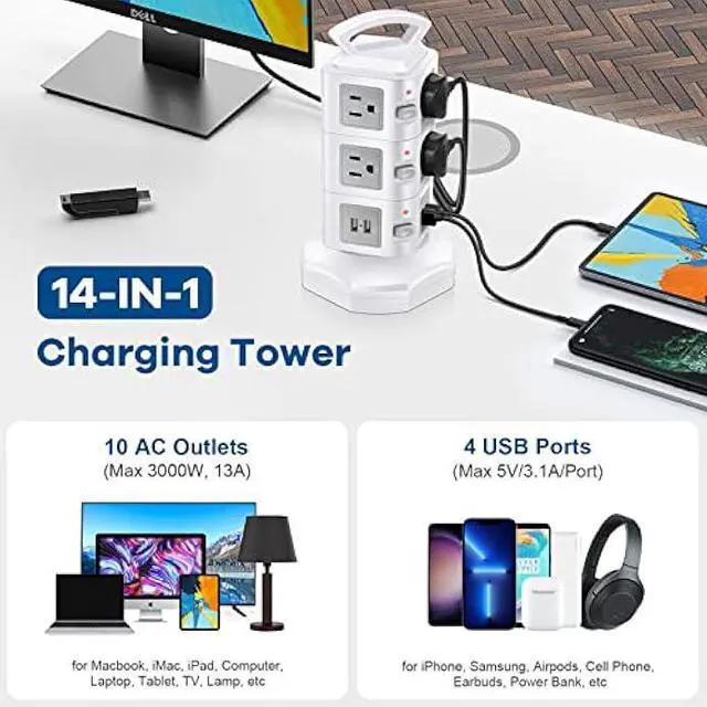 Alt view image 2 of 6 - Power Strip Tower Surge Protector, Retractable Extension Cord with Multiple Outlets, 10 AC Outlets with 4 USB Ports Charging Tower, Multi Plug Outlet Extender Desktop Charging Station for Home Office