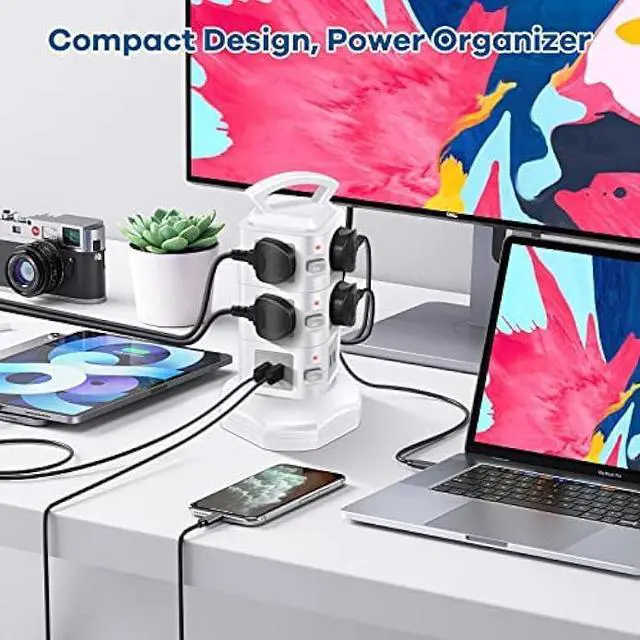 Alt view image 3 of 6 - Power Strip Tower Surge Protector, Retractable Extension Cord with Multiple Outlets, 10 AC Outlets with 4 USB Ports Charging Tower, Multi Plug Outlet Extender Desktop Charging Station for Home Office