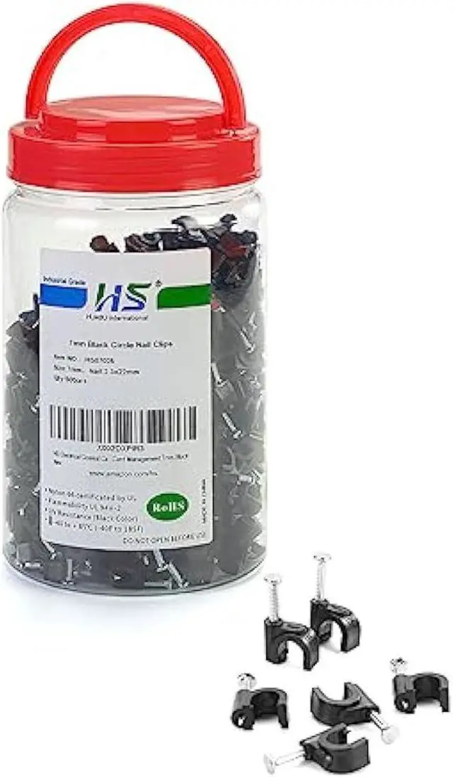 Main image of HS Electrical Coaxial Cable Clips Outdoor 500 Pack Nail-in Wire Clamps,Nail Wire Holder Cord Management 7mm,Black