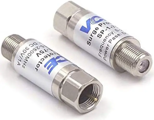 Main image of VCE Coaxial Surge Lightning Protector for Coaxial TV Antenna and Satellite in-Line 75 Ohm 5-2500MHz, 2 Pack Silver
