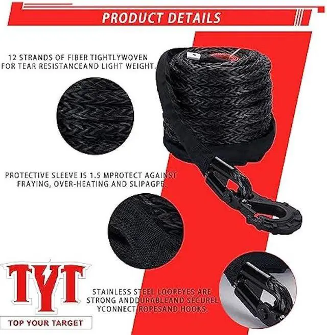 Alt view image 3 of 6 - TYT Synthetic Winch Rope Kit - 1/2 x 92' with 32000 lbs Strength, Protective Sleeve, Heavy Duty Hook and Safety Pull Strap for Off-Road 4x4 Vehicles, Trucks (Black)