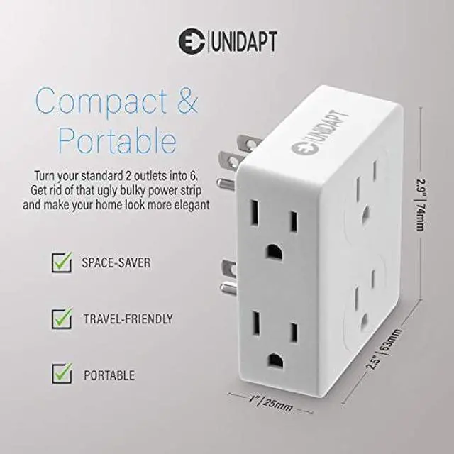 Alt view image 3 of 5 - Multi Plug Outlet Splitter, Unidapt Multiple Outlets Extender Adapter with 6 AC Power Socket, Side Splitter Box, Wall Tap Plug Expander for Home Hotel Office Dorm Essentials, 2-Pack