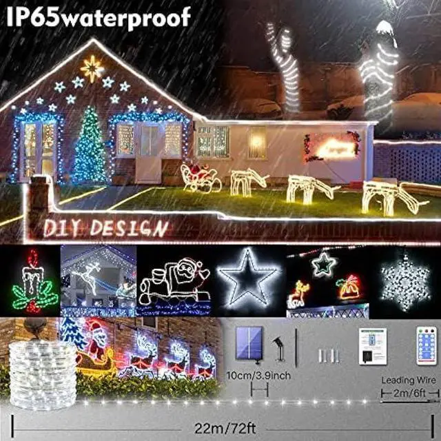 Alt view image 2 of 7 - Solar Rope Lights Outdoor Waterproof - 72ft 200LED Solar Powered Outdoor Rope Lights with Remote LED White Rope Lights Solar Tube Fairy Lights for Pool Fence Tree Path Garden Wedding Cool White