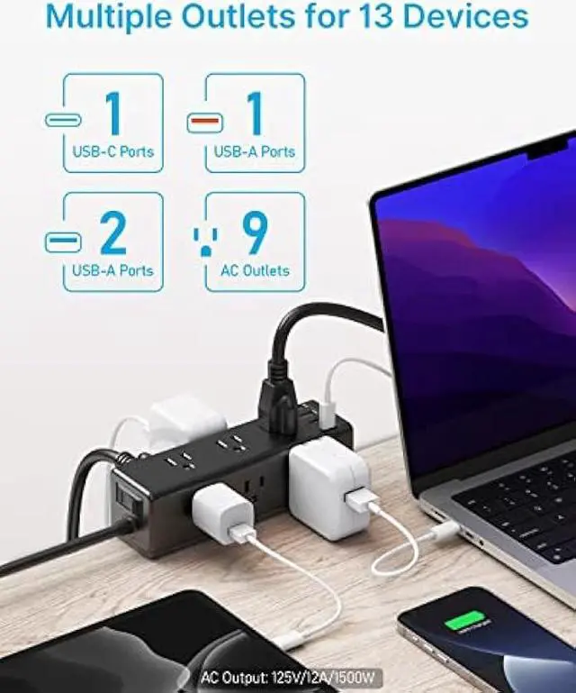 Alt view image 2 of 7 - CCCEI Desk Clamp Power Strip with 9 Outlets, Desktop Edge Mount Surge Protector with USB-A and 45W USB-C Ports, Widely Spaced Desk Outlet Fast Charging Station, 10 FT Flat Plug, Fit 1.6 inch Table.