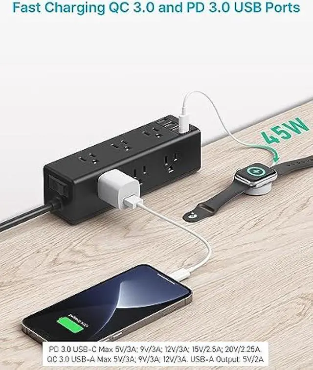 Alt view image 3 of 7 - CCCEI Desk Clamp Power Strip with 9 Outlets, Desktop Edge Mount Surge Protector with USB-A and 45W USB-C Ports, Widely Spaced Desk Outlet Fast Charging Station, 10 FT Flat Plug, Fit 1.6 inch Table.