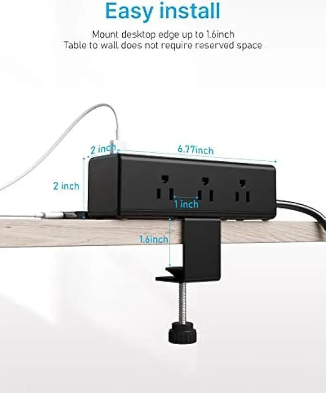 Alt view image 6 of 7 - CCCEI Desk Clamp Power Strip with 9 Outlets, Desktop Edge Mount Surge Protector with USB-A and 45W USB-C Ports, Widely Spaced Desk Outlet Fast Charging Station, 10 FT Flat Plug, Fit 1.6 inch Table.