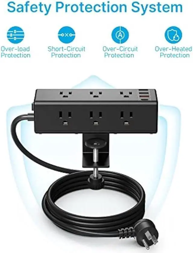 Alt view image 7 of 7 - CCCEI Desk Clamp Power Strip with 9 Outlets, Desktop Edge Mount Surge Protector with USB-A and 45W USB-C Ports, Widely Spaced Desk Outlet Fast Charging Station, 10 FT Flat Plug, Fit 1.6 inch Table.