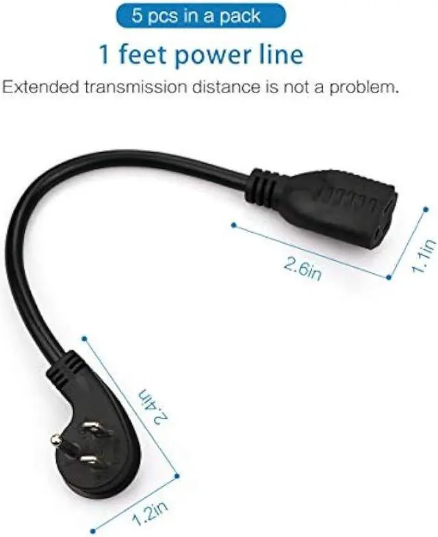Alt view image 2 of 7 - Flat Plug Short Extension Cord, Right Angle 3 Prong, 1625 watts, 16 AWG, 13 amps 125 Volts, UL Listed, 5 Pack, Black 1 Foot by ClearMax