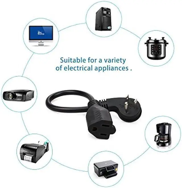 Alt view image 5 of 7 - Flat Plug Short Extension Cord, Right Angle 3 Prong, 1625 watts, 16 AWG, 13 amps 125 Volts, UL Listed, 5 Pack, Black 1 Foot by ClearMax