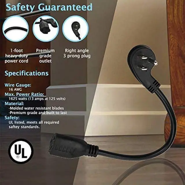 Alt view image 6 of 7 - Flat Plug Short Extension Cord, Right Angle 3 Prong, 1625 watts, 16 AWG, 13 amps 125 Volts, UL Listed, 5 Pack, Black 1 Foot by ClearMax