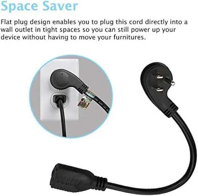 Alt view image 7 of 7 - Flat Plug Short Extension Cord, Right Angle 3 Prong, 1625 watts, 16 AWG, 13 amps 125 Volts, UL Listed, 5 Pack, Black 1 Foot by ClearMax