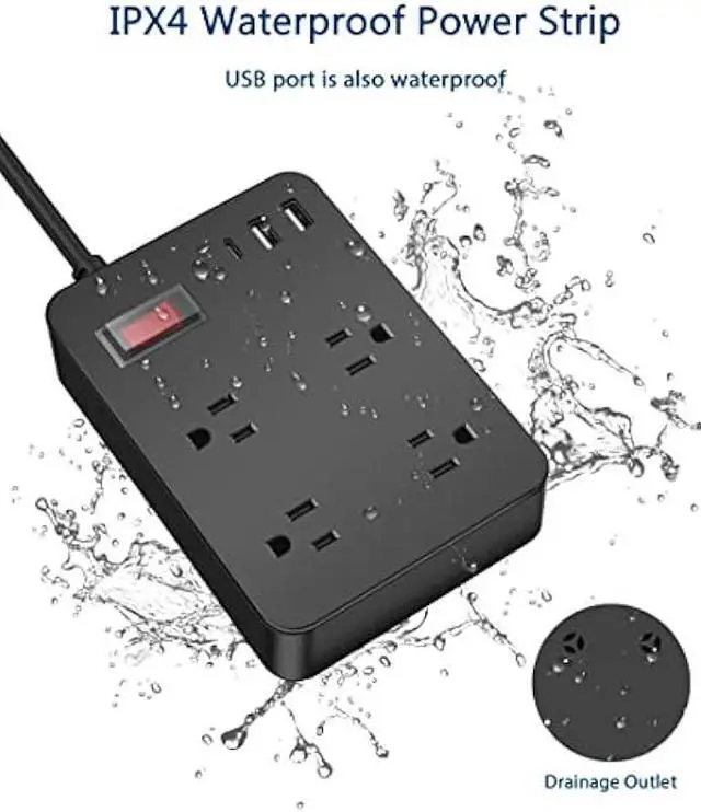 Alt view image 2 of 7 - Outdoor Power Strip Weatherproof with USB C, Waterproof Surge Protector with 4 Outlets,Outdoor Electrical Outlet,Outdoor Multi Plug Outlet for Camping, Garden, Kitchen, Bathroom, 6ft Cord,Flat Plug
