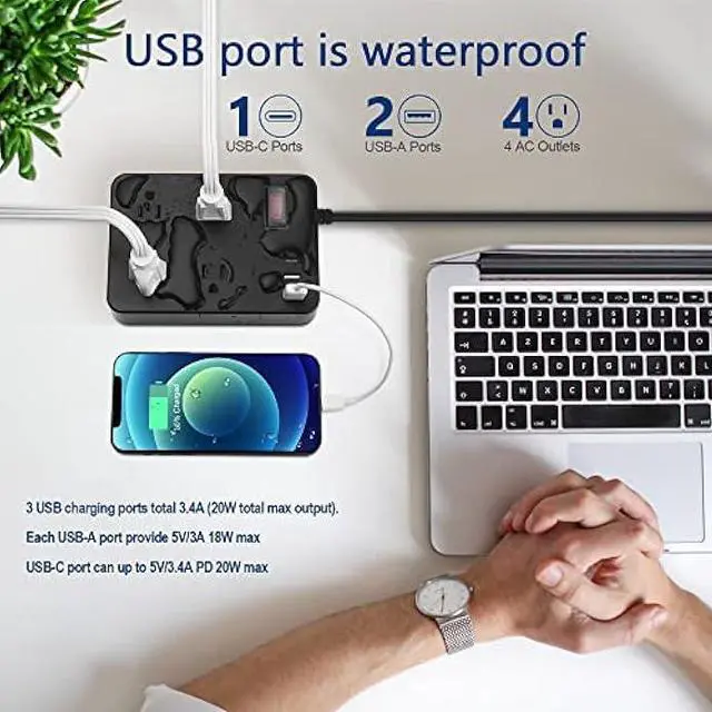 Alt view image 3 of 7 - Outdoor Power Strip Weatherproof with USB C, Waterproof Surge Protector with 4 Outlets,Outdoor Electrical Outlet,Outdoor Multi Plug Outlet for Camping, Garden, Kitchen, Bathroom, 6ft Cord,Flat Plug