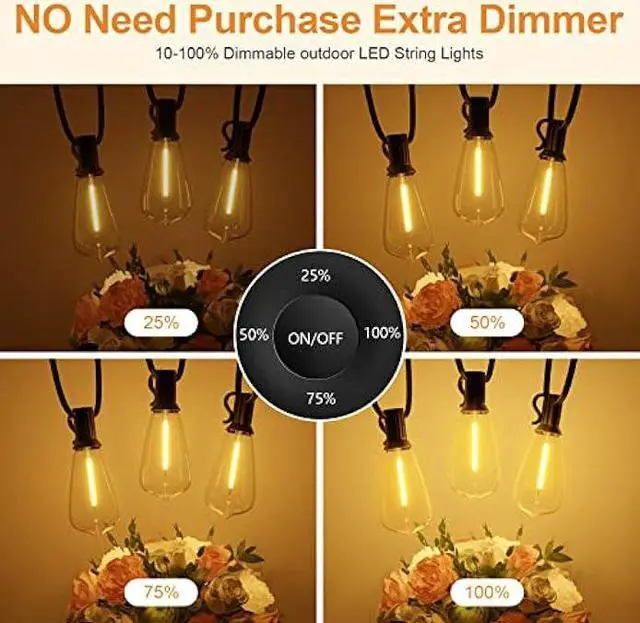 Alt view image 4 of 6 - LaPitio 100FT Outdoor String Lights for Outside, 2500K 52 LED Bulbs with Remote, Waterproof Shatterproof for Garden, Patio, Backyard, Gazebo, Deck, Party, Tree, Fence, Hanging, Bedroom, Camping