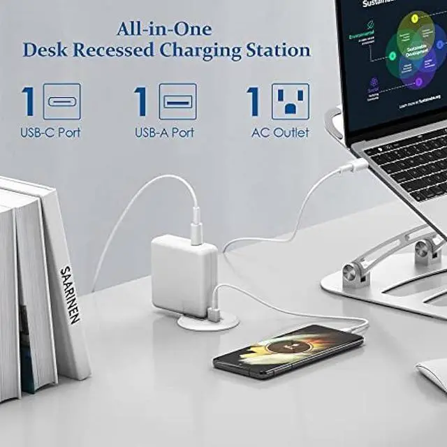 Alt view image 2 of 5 - 2 inch Desk Power Grommet with PD 20W USB C,Ultra-Flat Plug Power Strip,Recessed Outlet,Desktop Power Grommet for Office PC Desk Cable Cord Cover,Table Outlets for Home, Office,6 ft Cable(White)