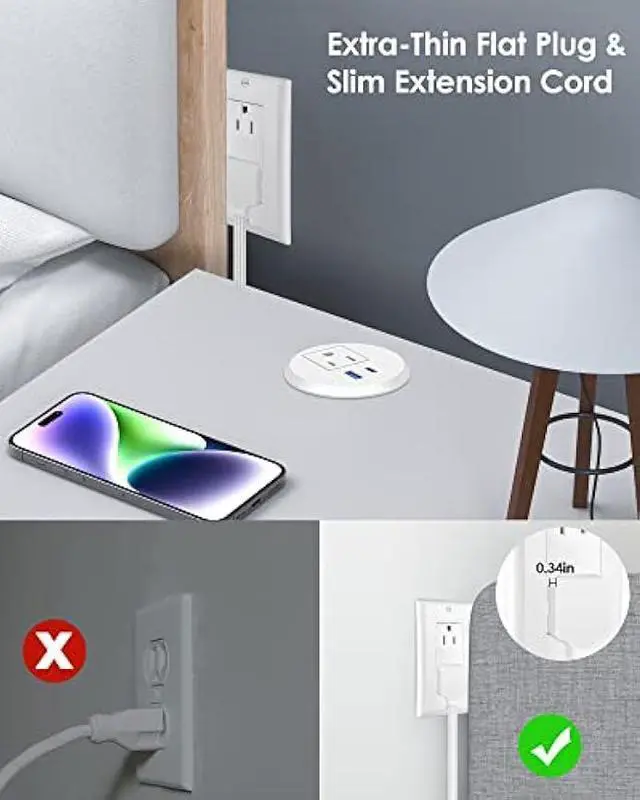 Alt view image 3 of 5 - 2 inch Desk Power Grommet with PD 20W USB C,Ultra-Flat Plug Power Strip,Recessed Outlet,Desktop Power Grommet for Office PC Desk Cable Cord Cover,Table Outlets for Home, Office,6 ft Cable(White)