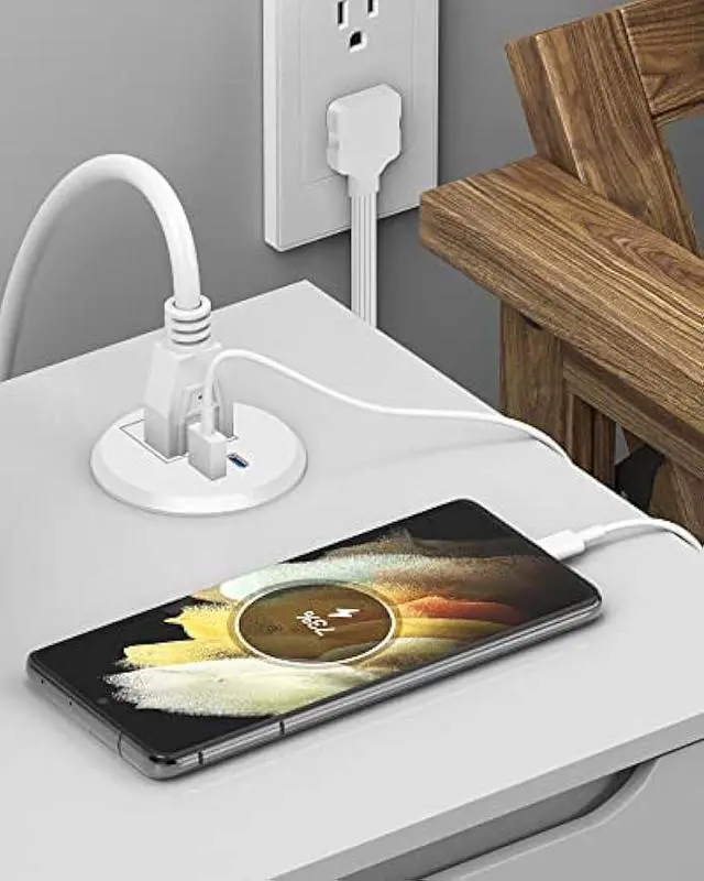 Alt view image 5 of 5 - 2 inch Desk Power Grommet with PD 20W USB C,Ultra-Flat Plug Power Strip,Recessed Outlet,Desktop Power Grommet for Office PC Desk Cable Cord Cover,Table Outlets for Home, Office,6 ft Cable(White)