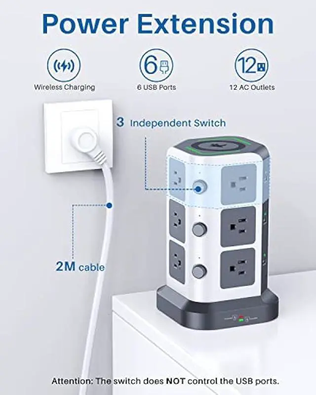Alt view image 2 of 7 - KOOSLA Power Strip Tower, 15W Wireless Charger Surge Protector - 12 AC Multiple Outlets & 6 USB Ports, 6.5ft Extension Cord Charging Station for Office Supplies, Desk Accessories, Dorm Essentials